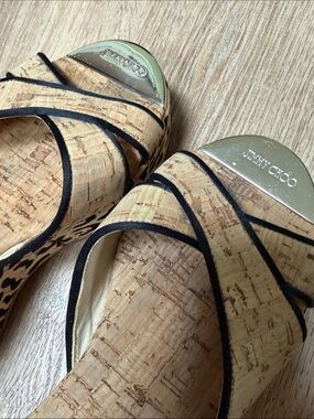 Jimmy Choo Cork Wedge Sandals with Black Trim and Gold Logo